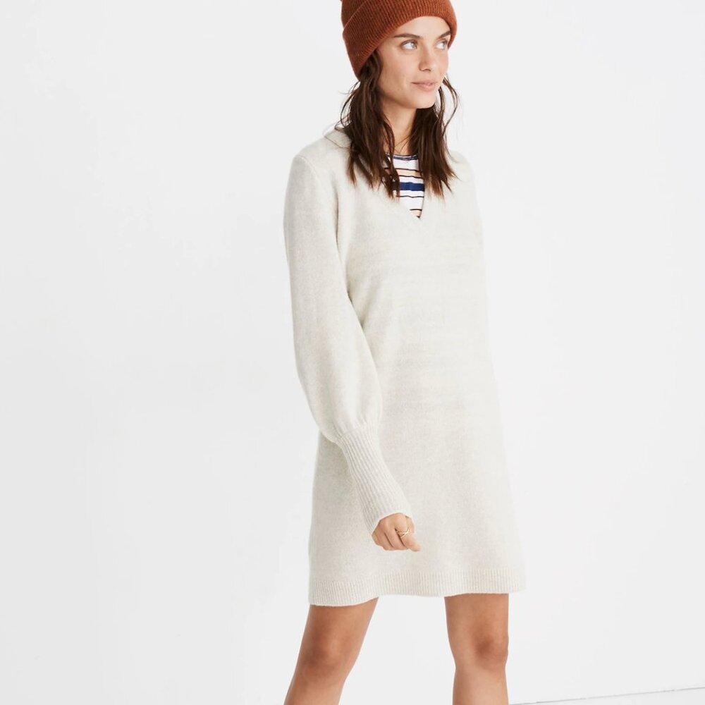 Madewell Cream Bubble Sleeve Sweater Dress, Extra Fine Merino Wool/Nylon (XXS)